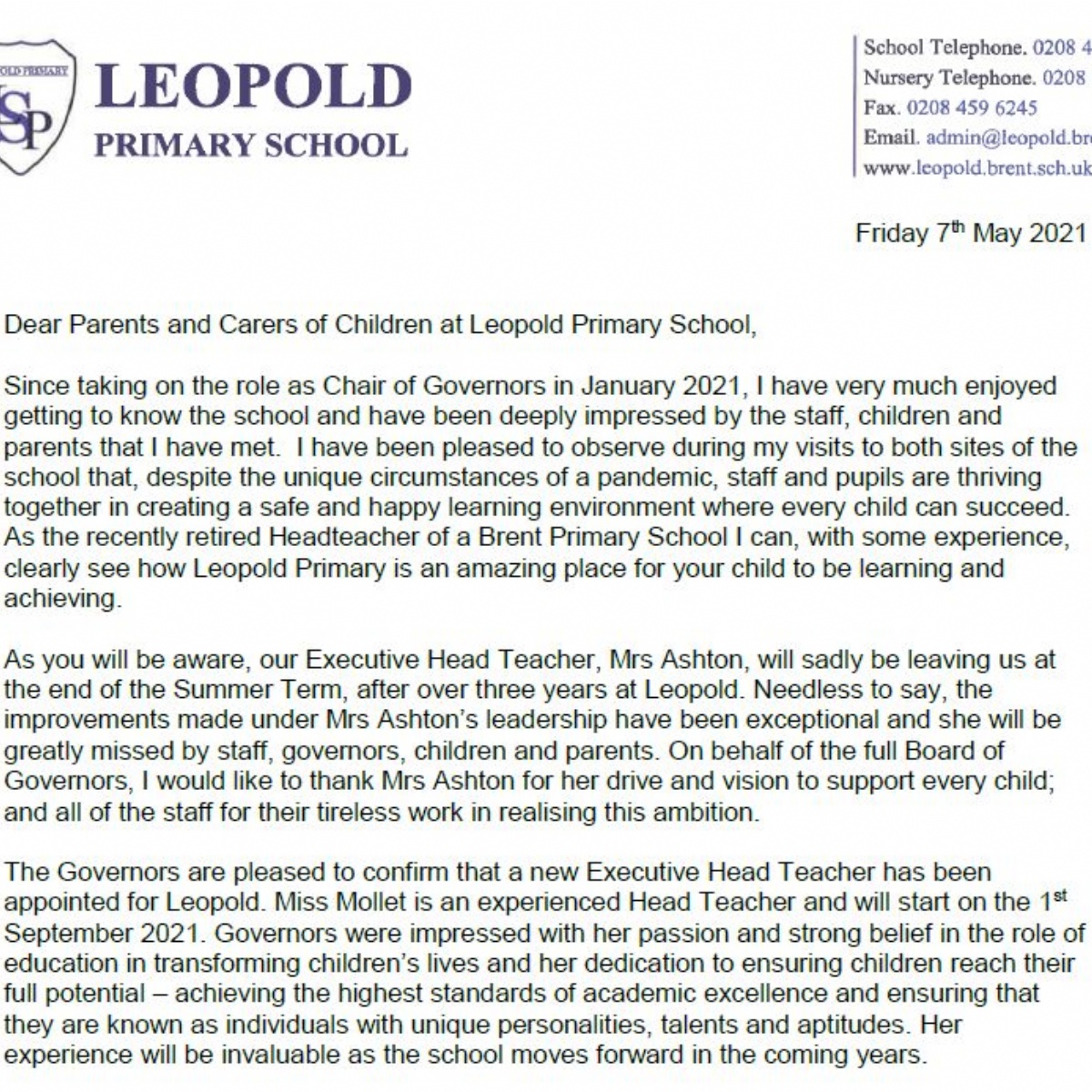 Leopold Primary School Letter From The Chair Of Governors